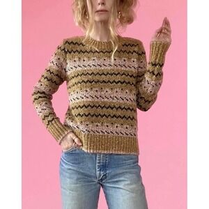 Loft Vintage Style Fair Isle Knit Sweater Mustard Pink Chevron Striped Crewneck